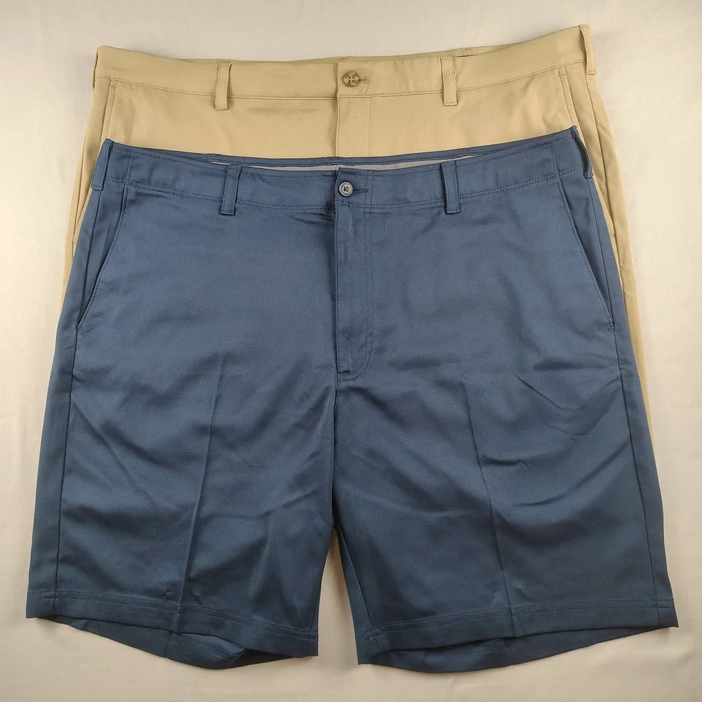 2-PGA TOUR Men's Golf Shorts Size 42 Blue Khaki Stretch Performance Flat Front